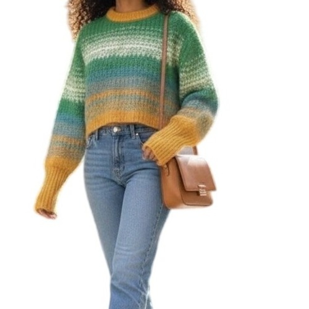 HALFHEART Striped Cropped Sweater Green‎ Blue Orange Ombre Knit Women's